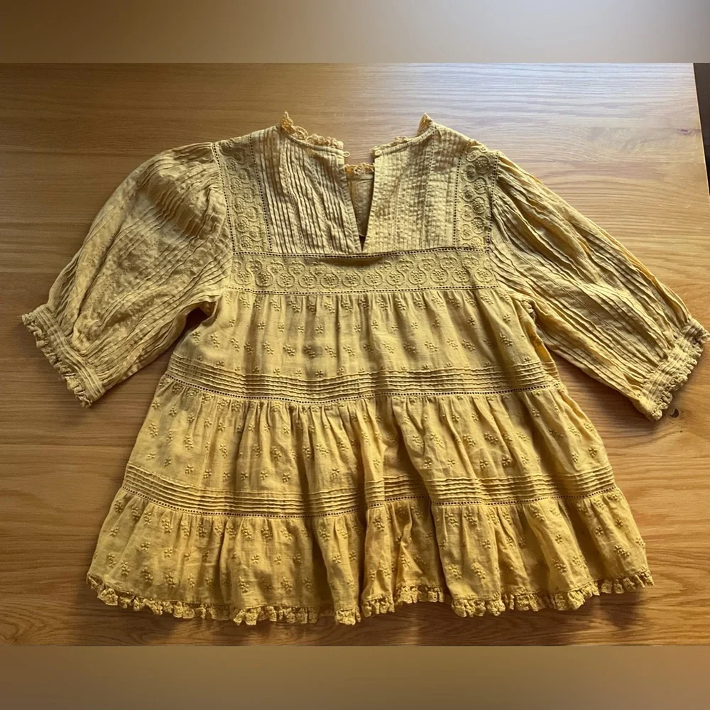 Doen Mustard Yellow Cotton Pintuck Peplum Blouse